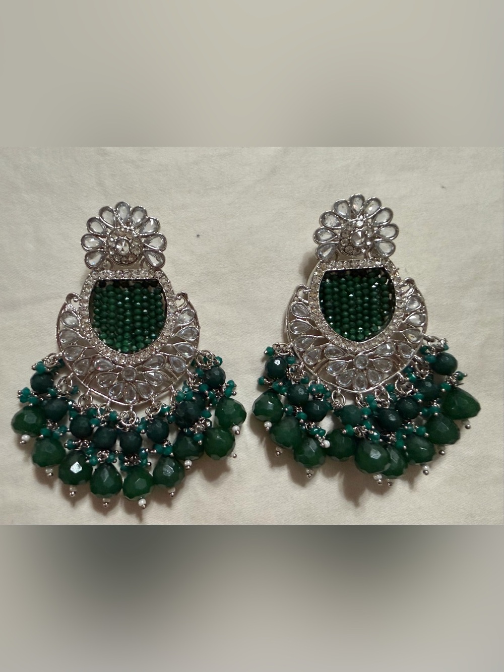 Salwar Kameez Emerald Green and Silver Chandbali Earrings